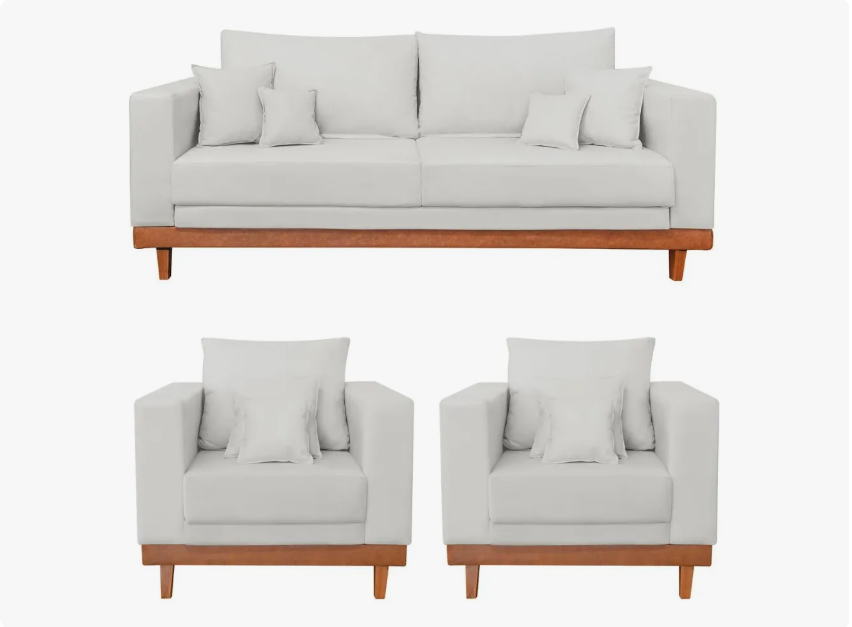 Kit 2 poltronas living + sofá 3 lugares base madeira linho